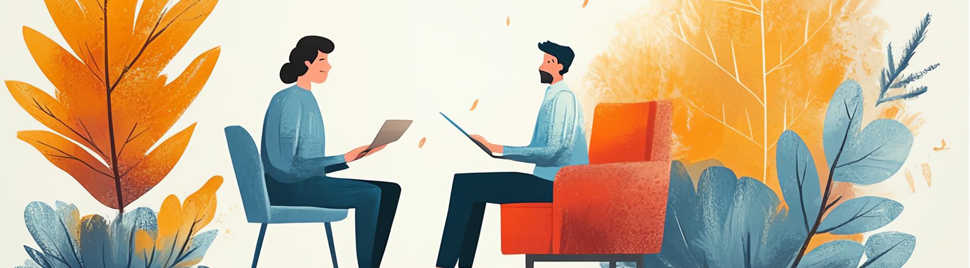 An illustration of two people facing each other while seated, next to images of leaves