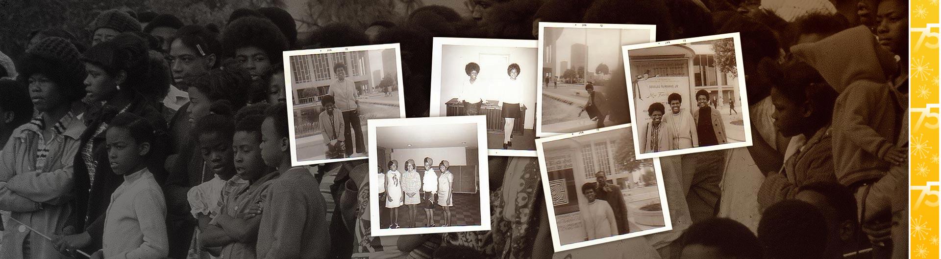 Vintage photographs showing members of the Black Student Union superimposed over a gathering of Black people