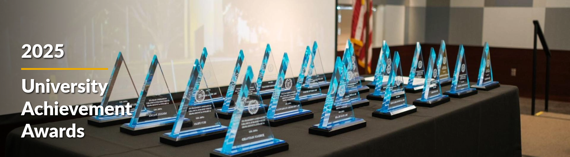 Achievement awards laid out on a table.