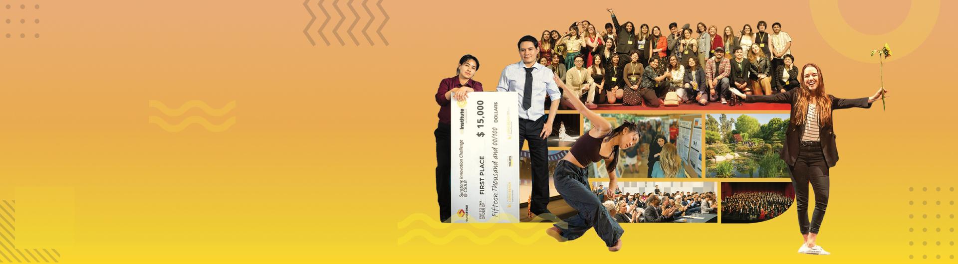 Students celebrate achievements, performances and research presentations against a yellow-orange background with abstract patterns