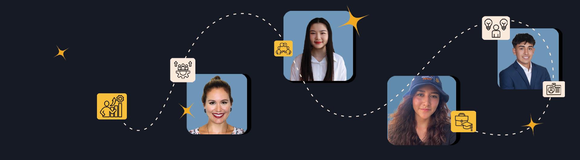 A graphic with career-related icons and photos of four people