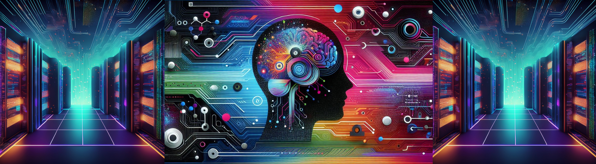 Colorful artistic image of an artificial intelligence in the middle with images of computer servers on the left and right