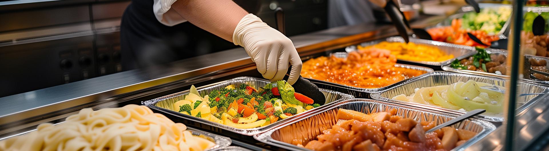 Catering trays full of food with a server spooning some of the food to a plate. 