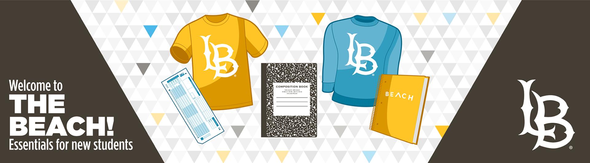 Blue and yellow shirts with LB written on them as well as notebooks and supplies a new student may need. 