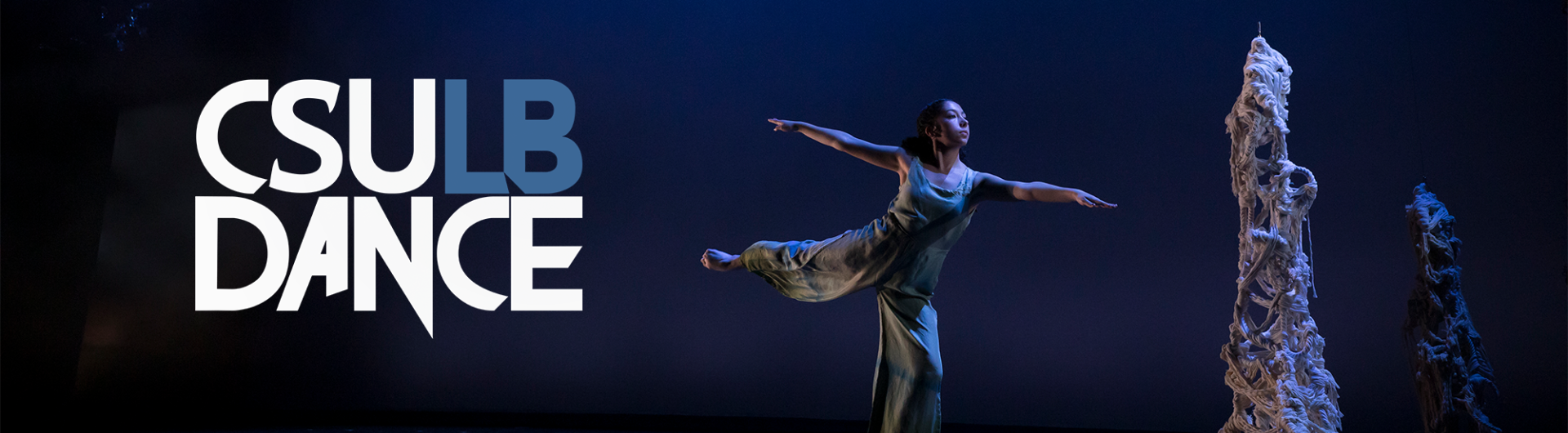 CSULB Dance logo next to a dancer performing on stage