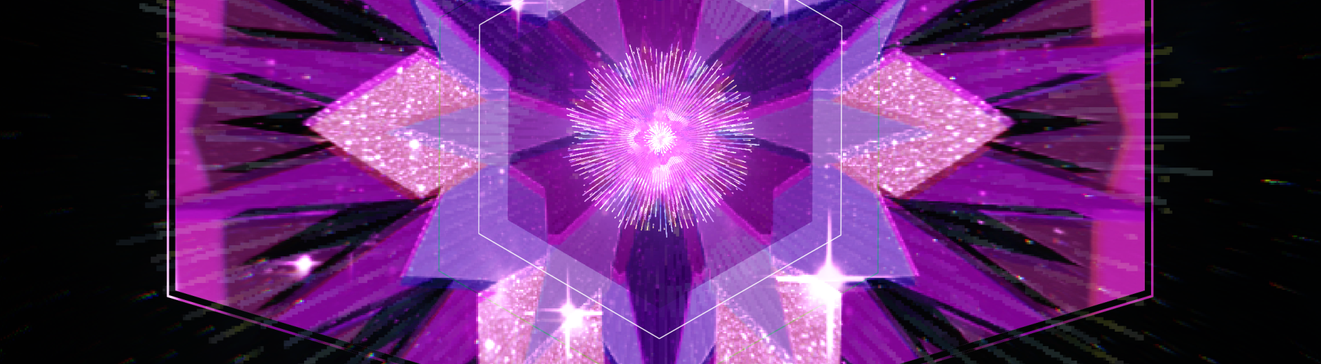 An abstract design in multicolored purple hues radiates from the center of a black background with the words Cosmic Bloom underneath.