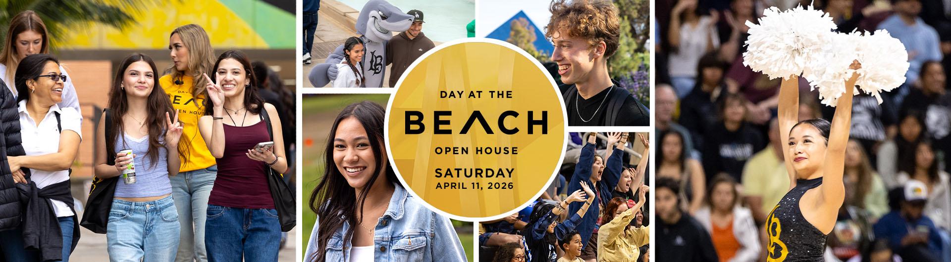 Pictures of students and campus with the Day at The Beach logo