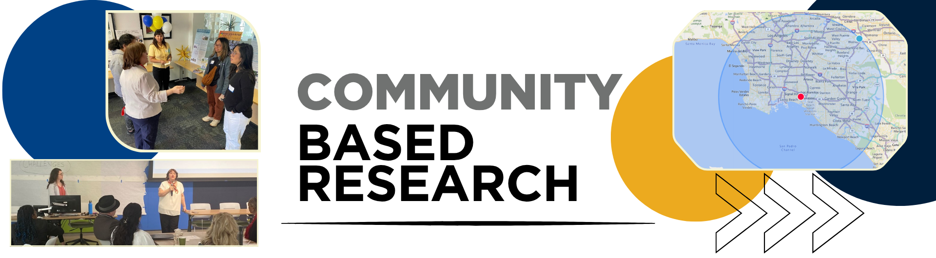 Community based research banner, images of one women speaking to a group of students and in a conference, image of map
