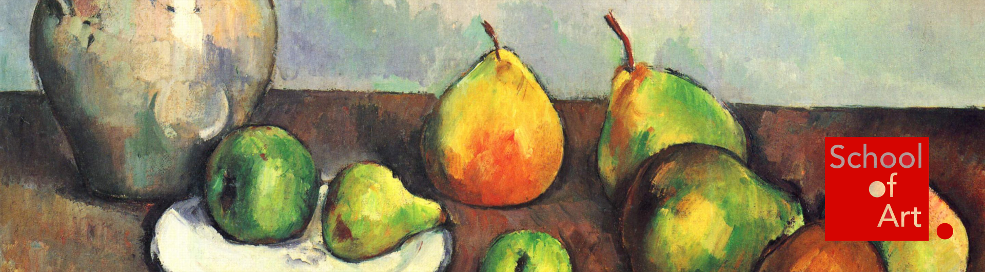 Portion of a still life painting of a pitcher and fruit by artist Paul Cézanne, 1894