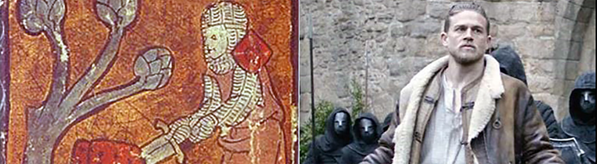 Medieval art of man with a sword juxtaposed with a modern representation of a medieval warrior