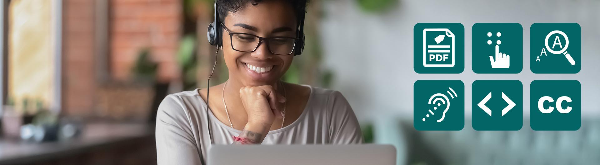 woman looking at laptop and accessibility icons