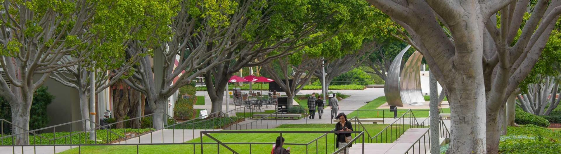 Students walking up and down steps in front of a brick wall