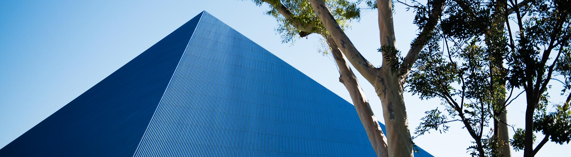 The blue CSULB Pyramid among campus trees.