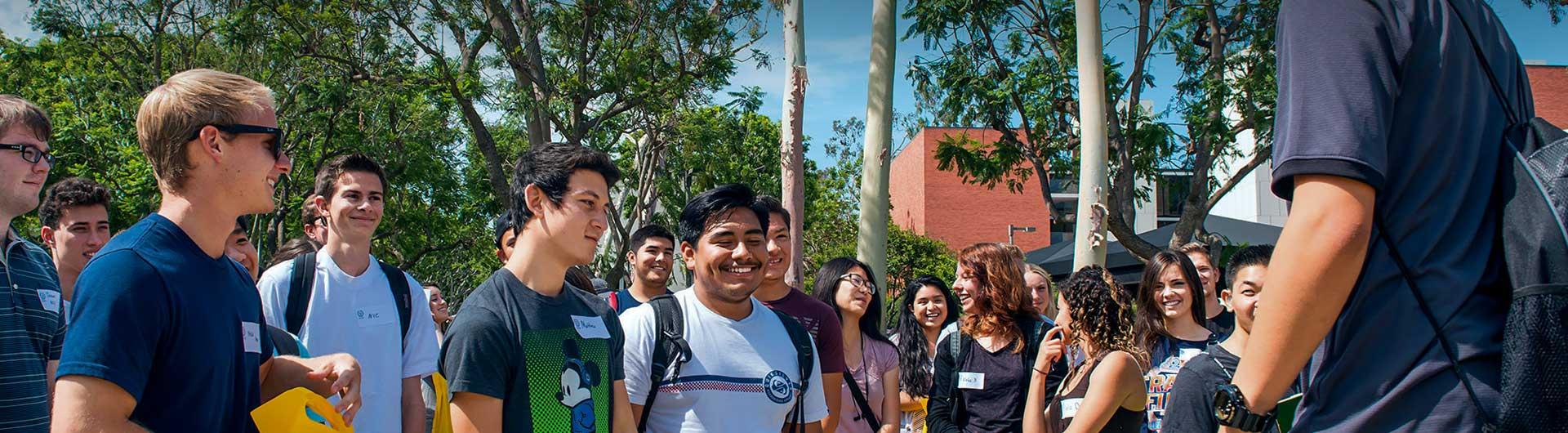 Students on campus near the engineering building