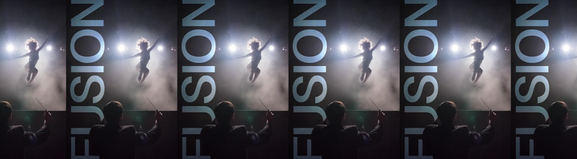 Fusion poster multiplied with dancer Jumping on a smokey stage