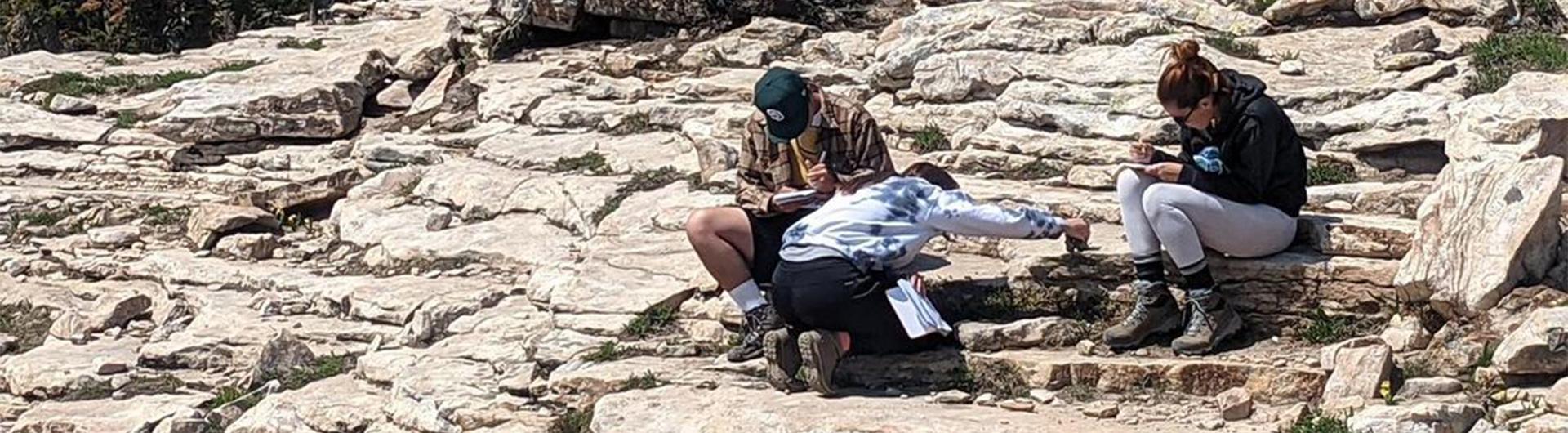 geology students studying rock formations in the field
