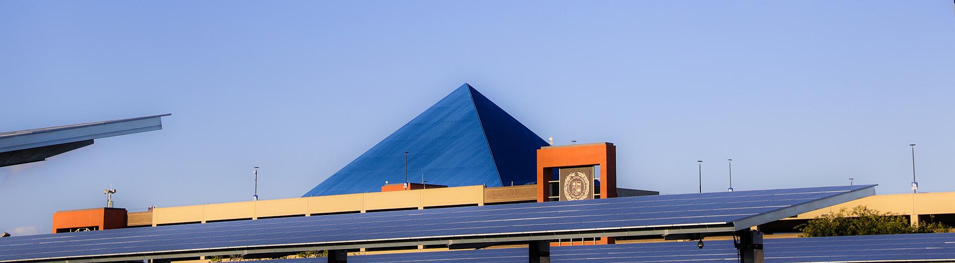 CSULB Walter Pyramid and Solar Panels in the Parking Lot