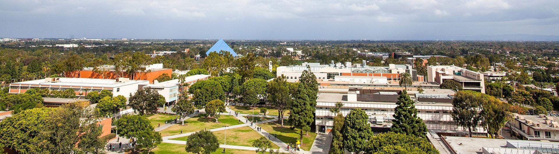 aerial view of campus with pyramid