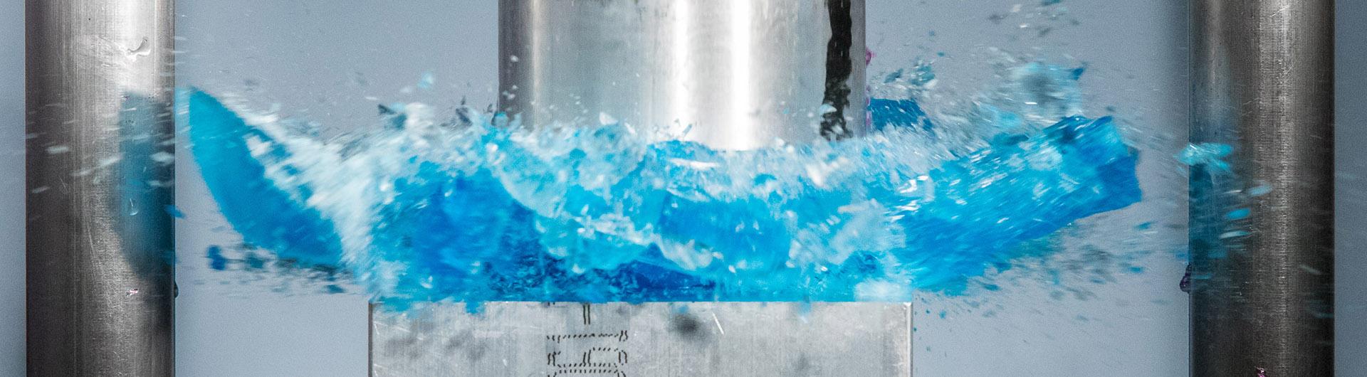 A smashing scientific experiment producing a blue liquid like substance