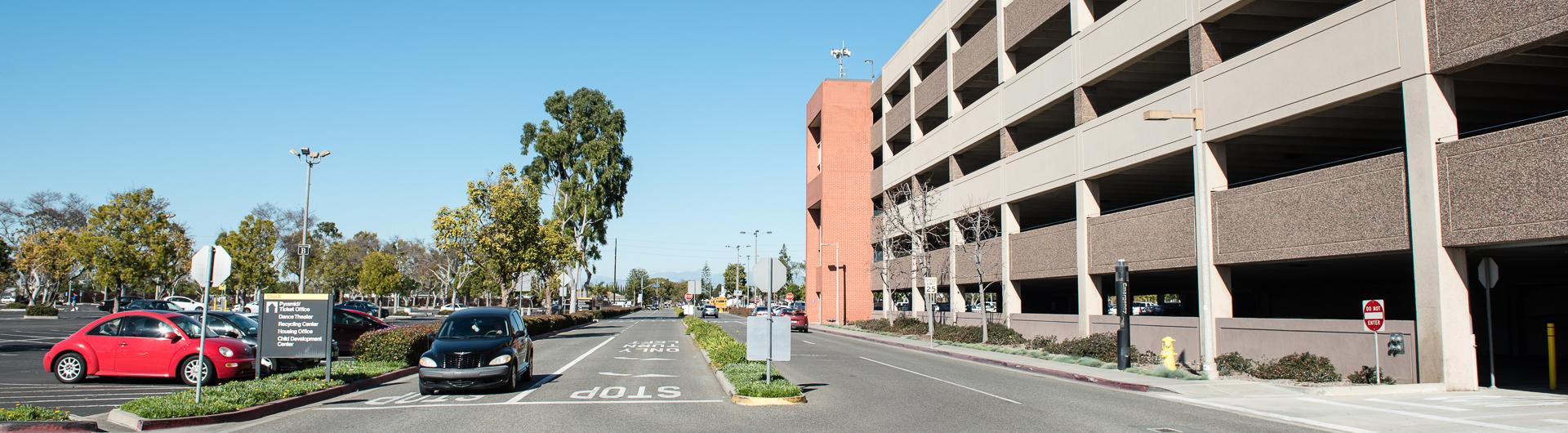 Parking structure and surrounding areas on campus
