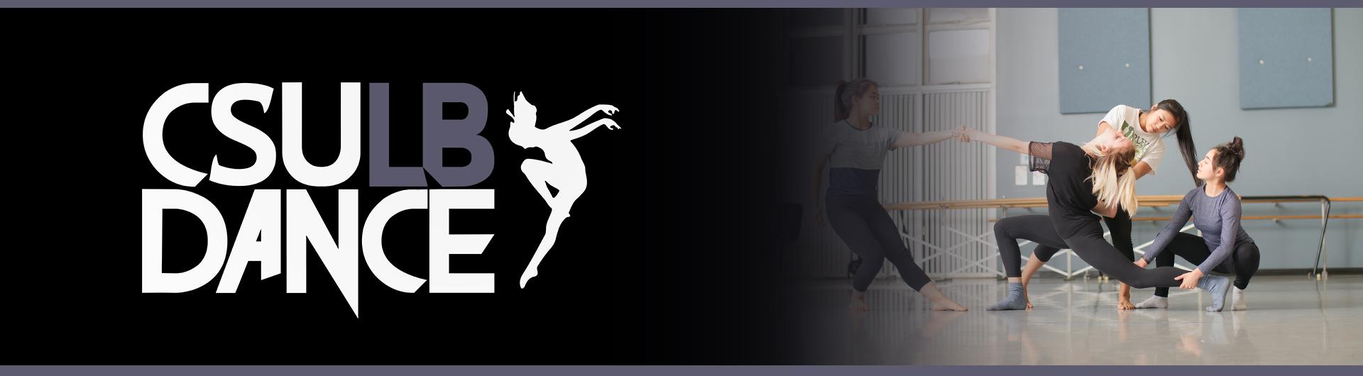 CSULB Dance with four dancers in studio and purple text accents