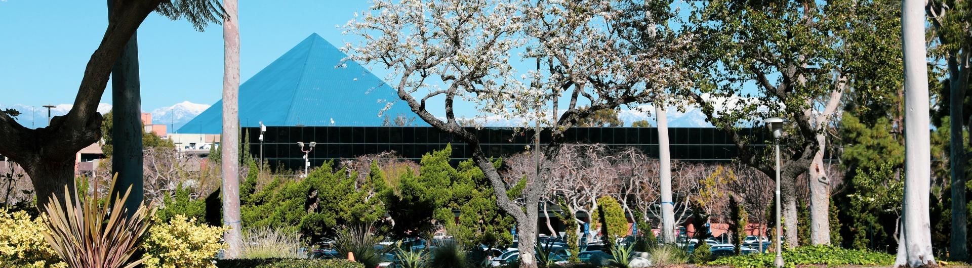 Banner PHOTO of campus includes pyramid and corn on the cob building
