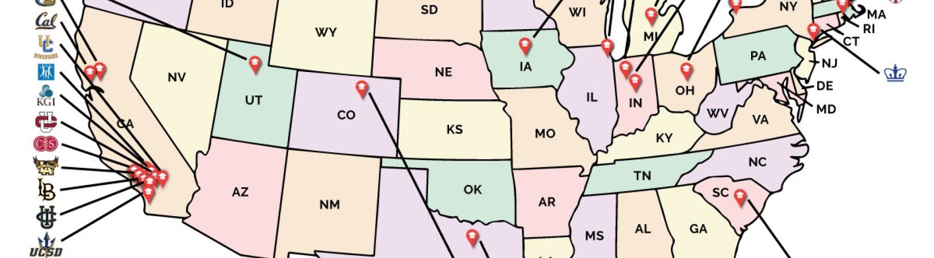 US Map showing where forner BUILD students have gone to grad