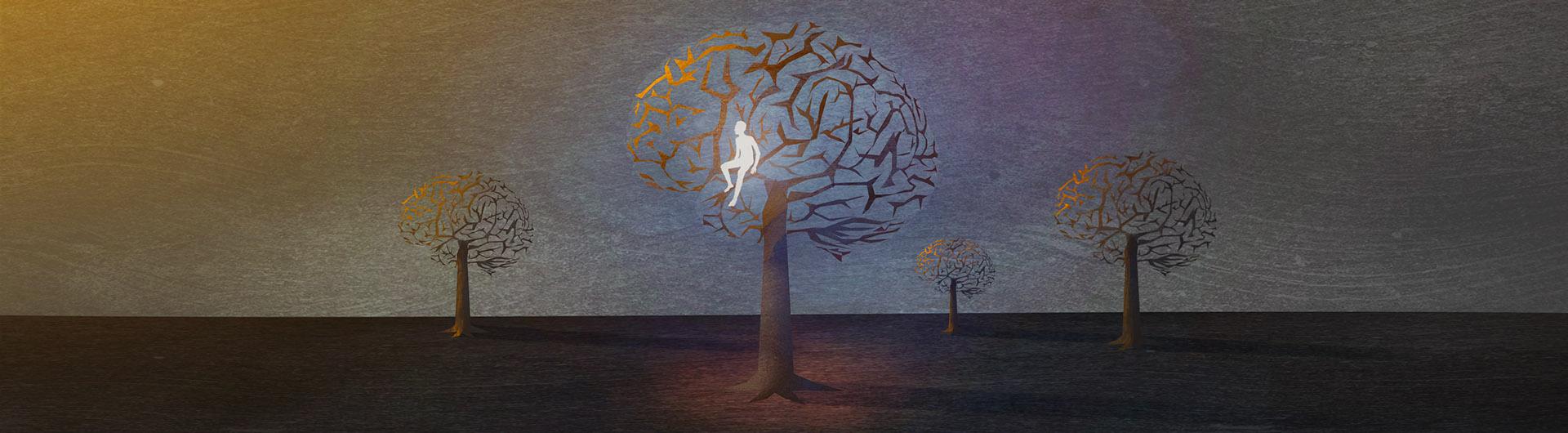 Human figure sitting in tree that looks like brain