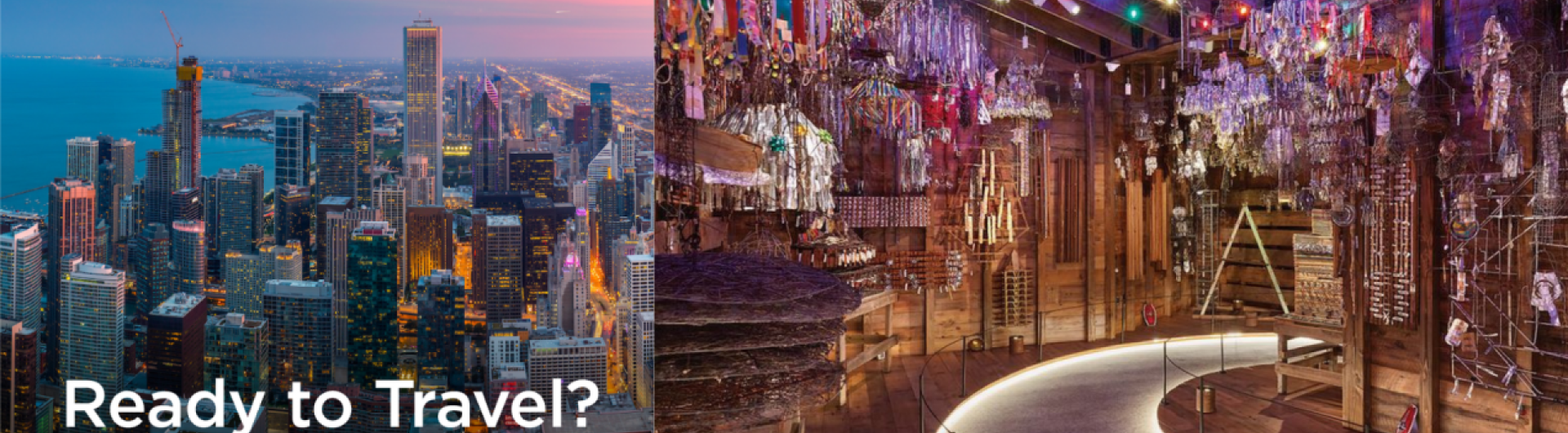 Text overlay over left image reads "Ready to Travel? Join us from September 30 to October 3" Left image is Chicago skyling at dusk. Right image is inside John Michael Kohler Arts Center
