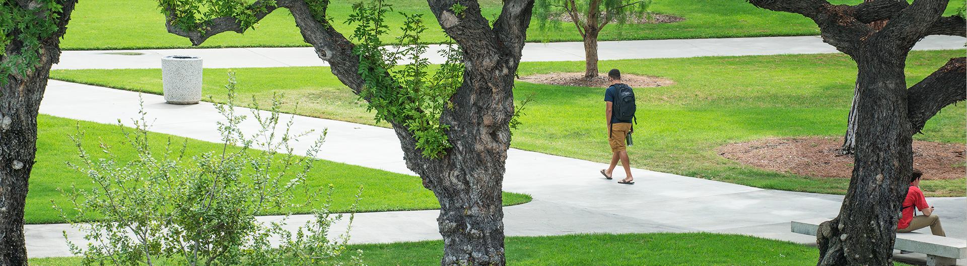 student walking on the quad