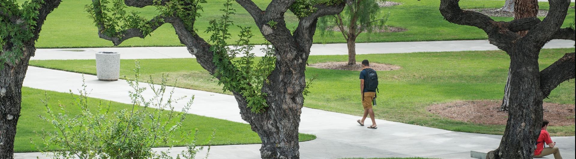 student walking on quad