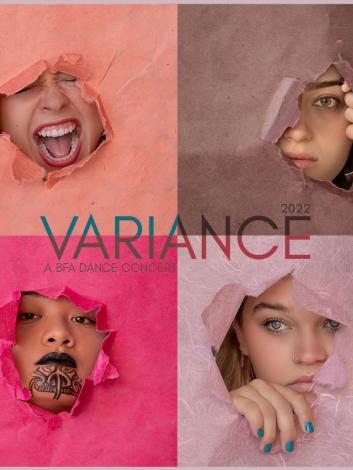 Variance a BFA Dance Concert 2022 - Four pink or brown squares with female faces reveled.
