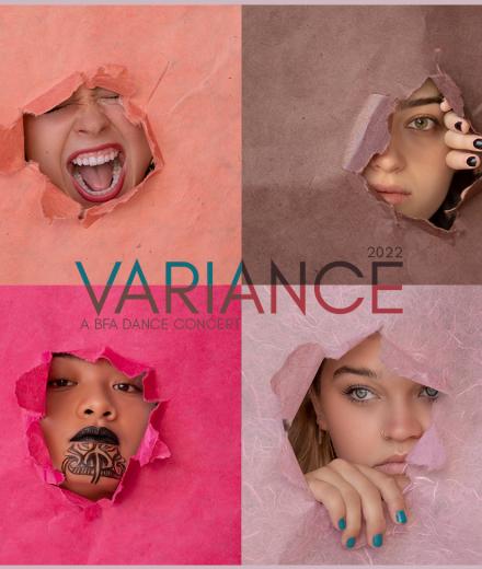 Variance a BFA Dance Concert 2022 - Four pink or brown squares with female faces reveled.