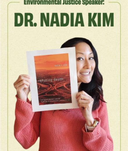 Environmental Justice Speaker, Dr. Nadia Kim holding her book 'Refusing Death'