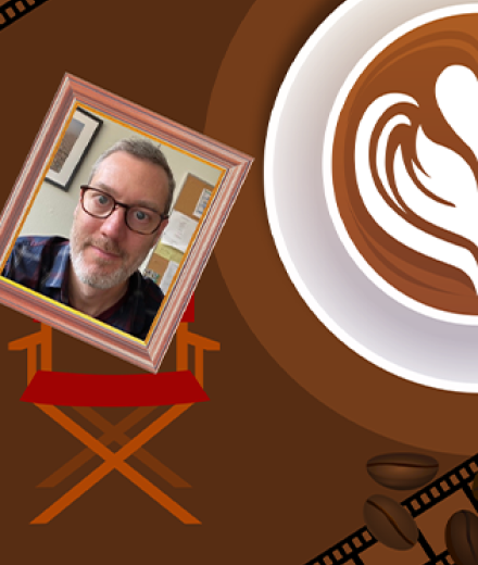 Framed picture of Adam Moore in directors chair surrounded by coffee and film strips