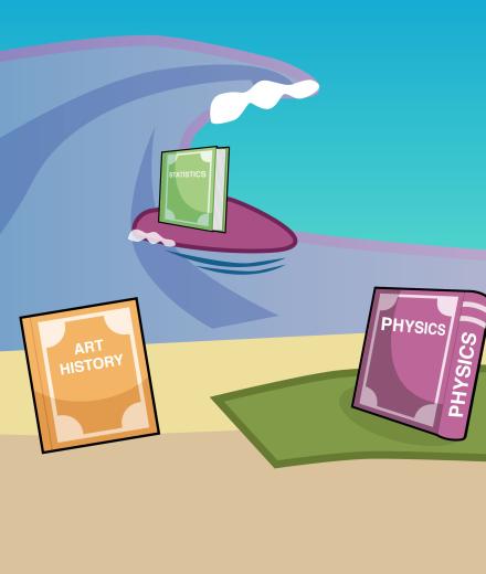 Textbooks sitting on the beach while one textbook surfs.