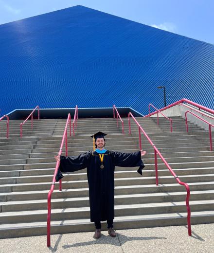 Mario Jaramillo poses in front of the Walter Pyramid