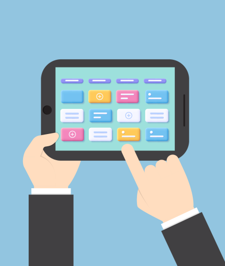 person using tablet and organizing apps