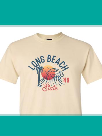 T-shirt with Long beach State and palm tree, sun and beach in the background