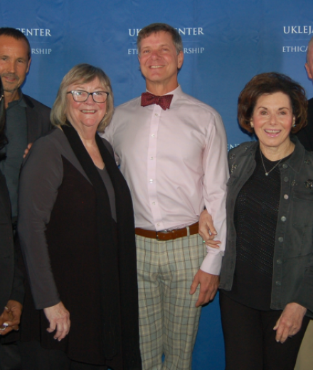 Karyn Scissum Gunn, Mark Guillen, Greg Wooden, Justin Rudd, Janey Roeder, Louise Shakarian Ukleja, Mick Ukleja and Jane Close Conoley at presentation of the 2023 Nell and John Wooden Ethics in Leadership Award