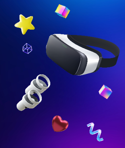 VR headset and controllers floating with 3D objects