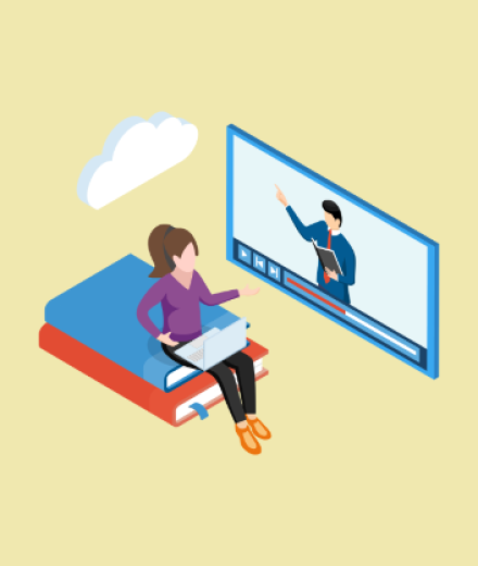 person sitting on top of books watching a video on a TV screen with a lecture going on