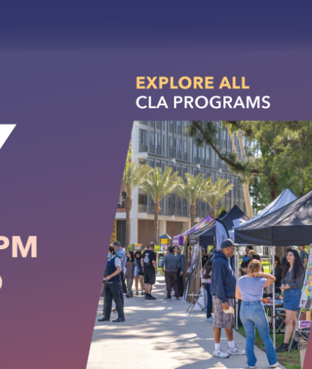 CLA Day Web Banner with text reading Fall 2024 CLA Day Wed, Oct 16 12 - -2 P, Upper Campus Quad Explore all CLA programs Network with Faculty and Peers and Find Career Resources and Support