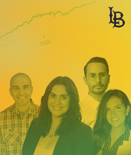 Four Beach Investment Group alumni with a yellow-green overlay and a line from a Dow Jones chart in the background