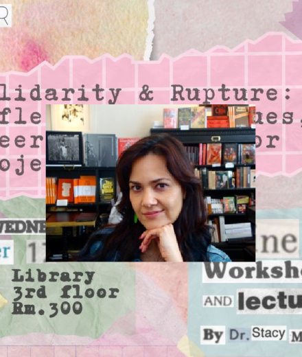 portrait in front of collage