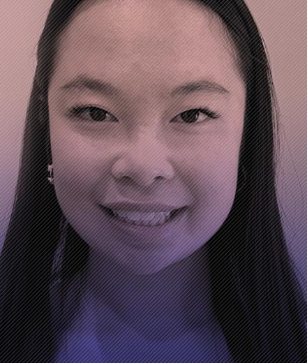 A portrait of student Jaydee Phung with a graphic including several word balloons.