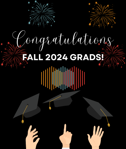 Decorative image with black background and red, blue, and orange fireworks with graduation caps flying in the air and hexagonal BUILD logo; text reads: Congratulations Fall 2024 Grads