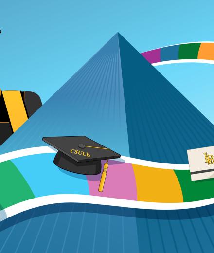 Animated imagery of the bookstore and pyramid in a graduation themed video game template with gameboard moving squares and graduation themed accessories as playing pieces.