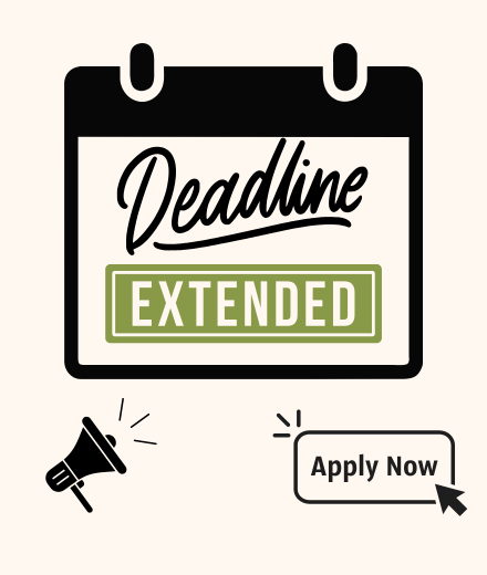 Text reads "Deadline Extended" icon of a bullhorn is in the lower left corner and a text box with a mouse cursor hanging over it reads "Apply Now"