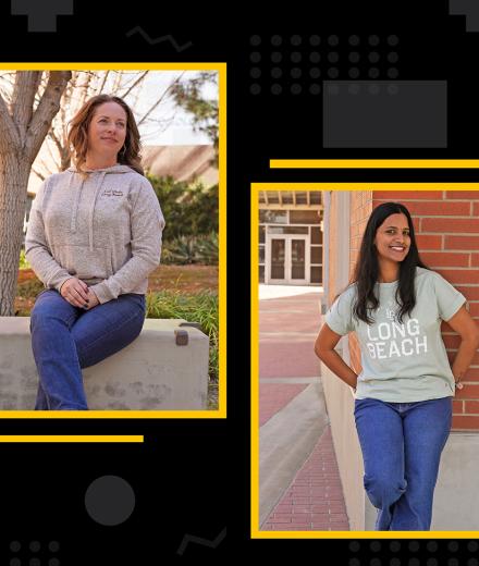 Two females wearing women's and youth styles from the CSULB University Bookstore